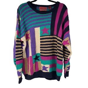 Vintage Northern Isles Mixed Print Stars Stripes Oversized Sweater